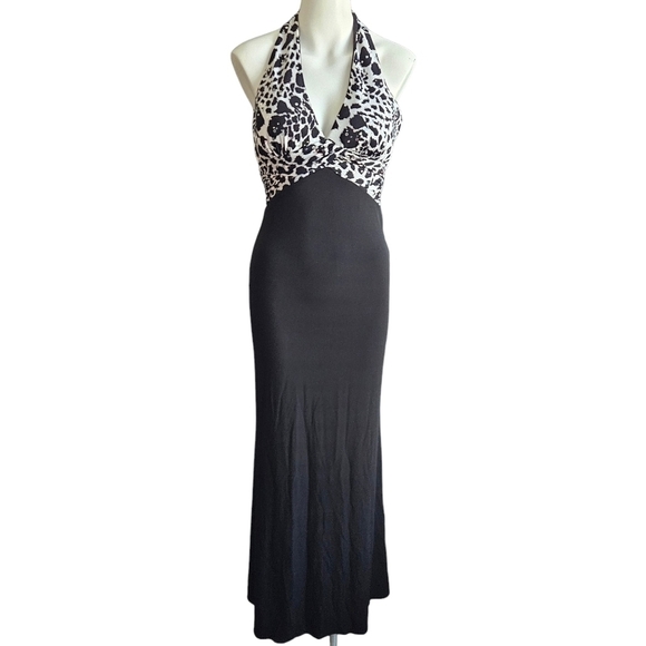 ZUM ZUM Black White Animal Print Gown Sz 3/4 Halter Open Back Dark Romantic - Picture 1 of 6